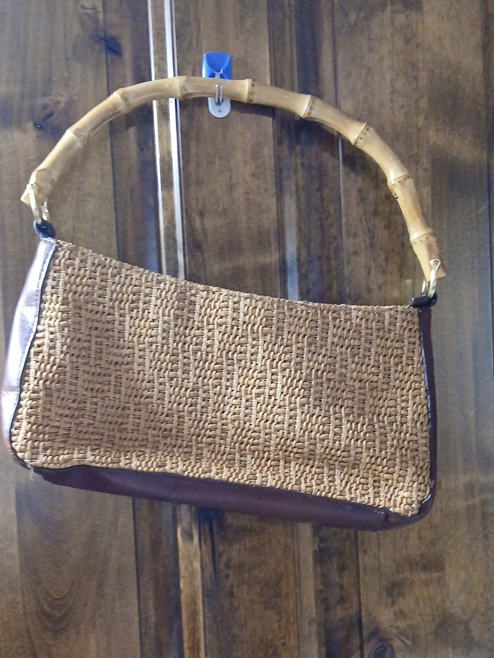 Etienne Aigner Brown Woven Shoulder Bag with Bamboo Handle